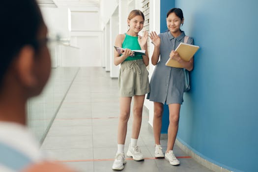 Two teenage girls smiling and waving, leaning against a blue wall in a school hallway with notebooks.